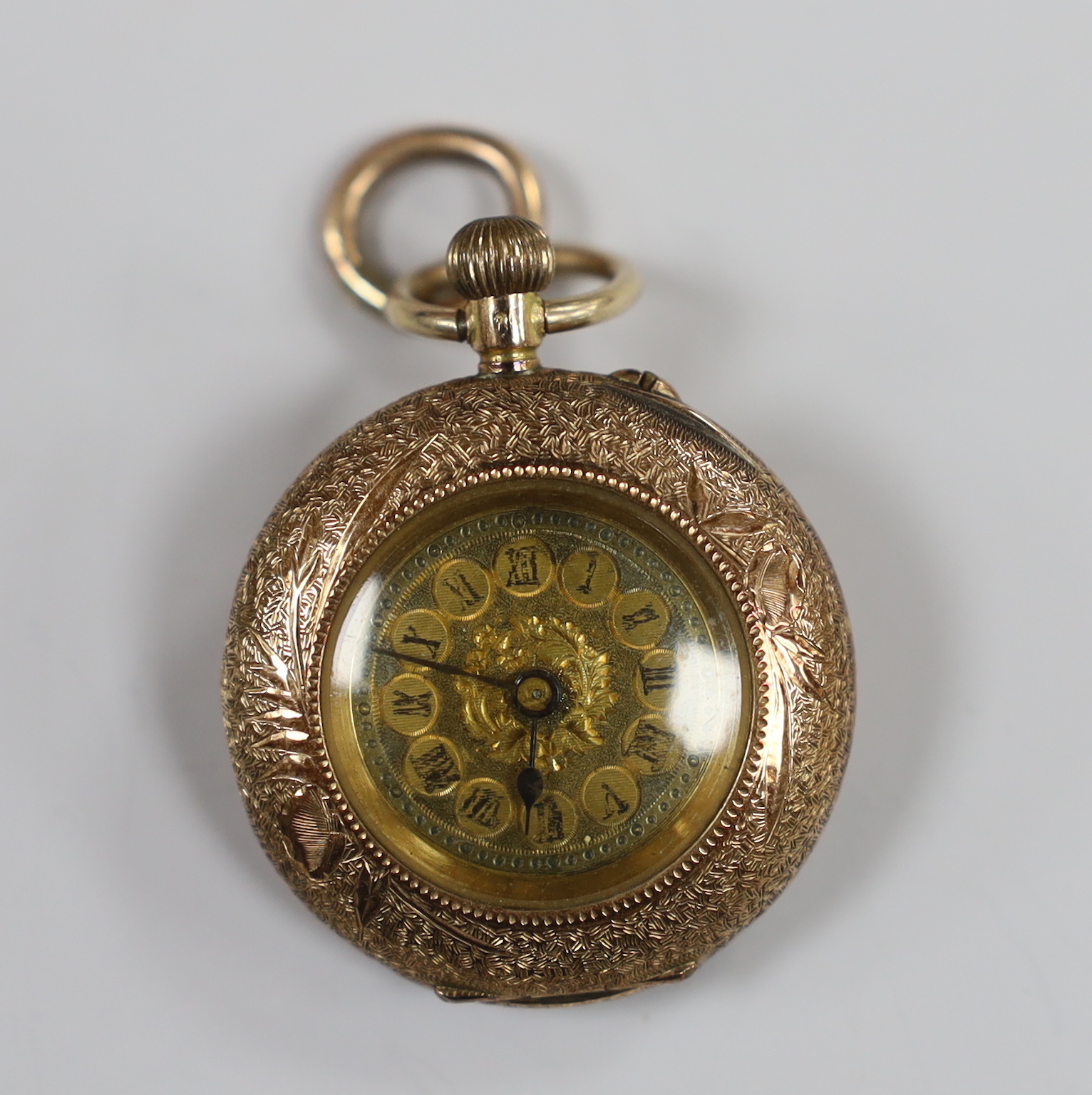 An early 20th century continental engraved 14k fob watch, with Roman dial, case diameter 29mm, gross weight 23.1 grams.